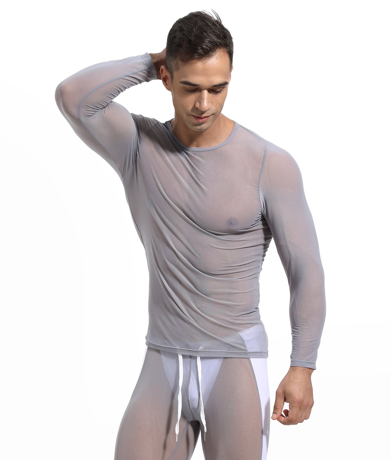 APOLLO Light Grey Mesh Long Sleeve Lounge Pyjama T Shirt
